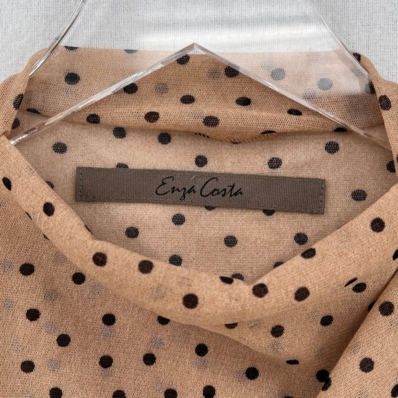 ENZA COSTA Mesh Sleeveless Top Womens Medium Tan Nude Black Polka Dot Shirt NEW - Picture 13 of 16